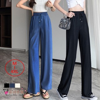 【崔可小姐】大碼薄款寬鬆鬆緊帶直筒垂感透氣涼爽繫帶收腹寬褲九分長褲直筒褲寬褲【EF0070】