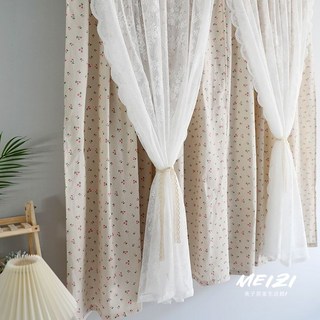 網紅爆款櫻桃遮光窗簾：小清新免打孔公主風蕾絲紗簾一體魔術貼門簾，降溫隔熱防曬, 綠葉紗簾一體單張（魔術貼款）,145寬*50高（很短不推薦）