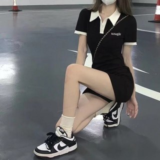 toyoung 純欲辣妹學姐韓系夏季連衣裙女 顯白Polo領 減齡顯瘦潮, 黑色-高質量,L-高質量