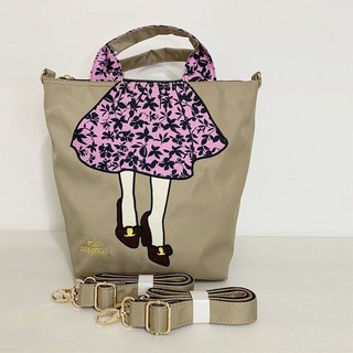 Mis Zapatos日系時尚刺綉印花雙肩斜跨手提包, 米白色,長21cm寬15cm高30cm