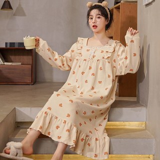 純棉長袖睡裙女春秋款 優質款睡衣 過膝長款大碼寬鬆版家居服 舒適 大碼睡衣 睡裙