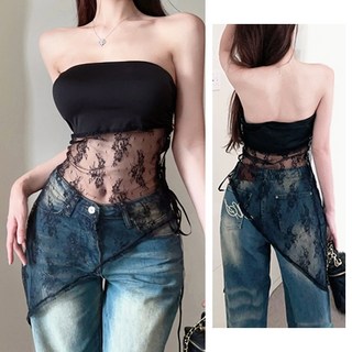 SISI【V25003】性感削肩網紗拼接背心：貼身透膚、側邊綁帶露腰設計，不規則下襬顯瘦上衣