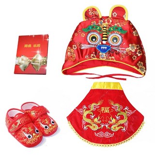 寶寶周歲禮盒： 周歲慶生吉祥禮品 傳統虎頭造型 抓周儀式感滿滿, 虎帽+虎鞋12cm+經典抓周卡片+福龍肚兜+禮盒, 1套