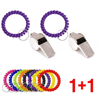 [메탈호루라기 2개+스프링고무줄 2개 묶음] (메탈호루라기2P + 스프링키고리2P) 호신용 호루라기 경보음 스포츠 호각 휘슬 손목줄, 메탈호루라기 + 스프링키고리 바이올렛, 2개