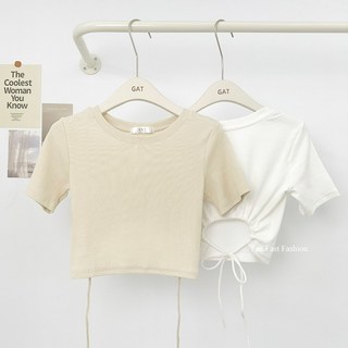 GAT 韓國女裝【Fee爆款10色】正韓後綁繩挖洞造型短版上衣，素色彈力短袖T恤，韓版女裝上衣