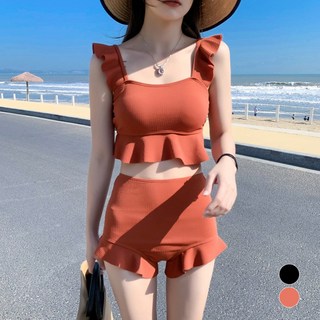 메이리앤 마린프릴 몸매보정 하이웨스트 투피스 수영복 비키니 세트, 오렌지브라운