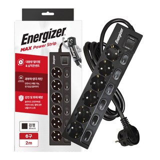에너자이저 개별스위치 멀티탭 6구 납작플러그 과부하차단 16A, 1개, 블랙(개별스위치 6구), 2m