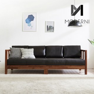 모더니가구 모카 천연면피 소가죽 패브릭 평상형 원목 소파베드, 2인용 소가죽 내피 다크브라운(등쿠션 포함)