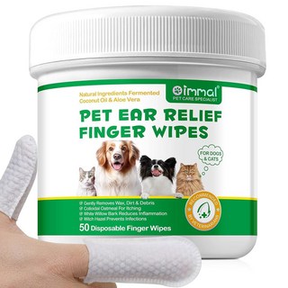 개 귀 청소기 물티슈 개와 고양이를 위한 손가락 왁스 이물질 및 냄새를 부드럽게 제거하고 가려움증과 염증을 완화하며 천연 성분 - 50 개입, 1개