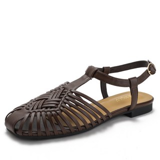 復古羅馬風包頭一字扣涼鞋夏手工編織豬籠鞋平底休閒涼鞋1012-10, 10 cm, 咖啡色:40