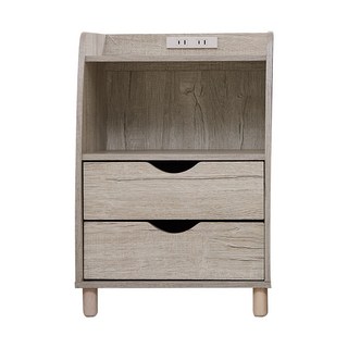 兩抽床頭櫃 小邊櫃 收納櫃 附插座 臥室家具 床邊櫃 置物櫃 現代簡約風, 白橡木, 2層