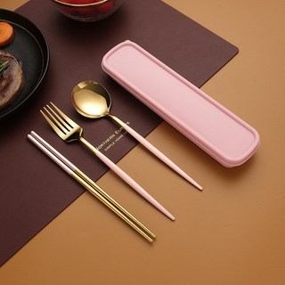 316不鏽鋼 便攜式環保餐具組 (筷子、叉子、湯匙) 露營隨身食器 輕巧耐用, 1個, 桃紅色