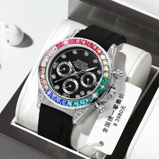 MOLDOA 男士彩虹迪石英計時腕錶 黑色錶盤 鍍金錶殼 橡膠錶帶