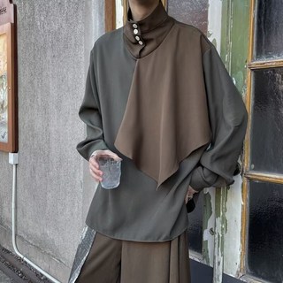 法式復古拼接立領襯衫 男士質感半高領拼接大碼襯衣