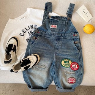 兒童長褲2025瞇瞇眼鞦季新品男女童破洞牛仔背帶褲寶寶韓係弔帶褲