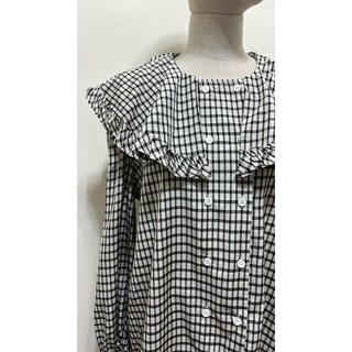 限量現貨 A0326002雙排扣荷葉領黑白格紋長版公主袖襯衫