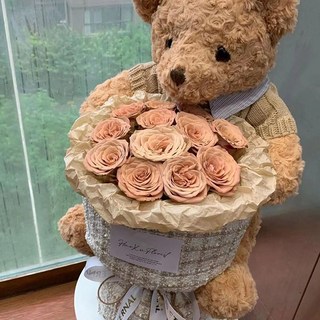 2025新款 抱抱桶 永生仿真花 玫瑰 小熊 玩偶 禮物, 7朵卡布奇諾花束款+泰迪熊送燈袋卡