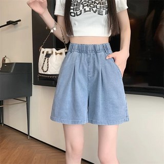 Cavensi 大尺碼薄款高腰A字牛仔短褲 S-5XL 活力淺藍 深藍