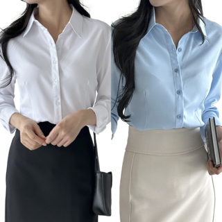 [1+1] 로로비 여성 스판 슬림핏 셔츠 화이트 블랙 블루 핑크 블라우스