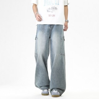 大口袋工裝牛仔褲 男款寬鬆闊腿直筒休閒長褲