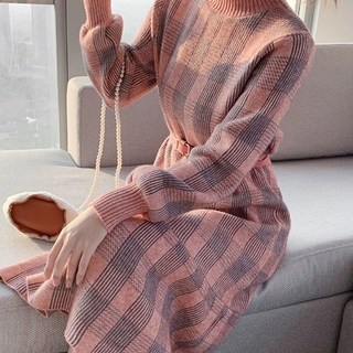 ORZQU 겨울 여성 캐주얼 루즈핏 체크 하이넥 시보리 긴팔 프릴 원피스