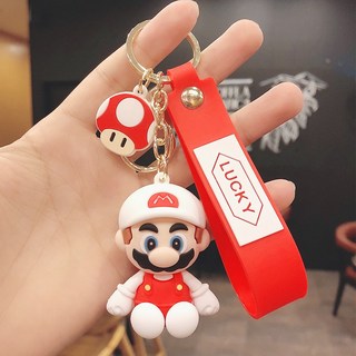 汽車鑰匙圈 芭比粉卡通馬里奧矽膠玩偶鑰匙扣 可愛學生情侶書包吊飾 創意鑰匙扣 HS4, 白色帽子馬里奧, 1個