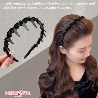 愛北鼻 髮箍 高顱頂加長齒梳 波點絲絨蝴蝶結款 多色可選, 1個, 黑色-水晶纏繞-齒梳髮箍, 黑色
