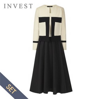 배색 롱 원피스+스퀘어 가디건 세트_INI5F1OP3201