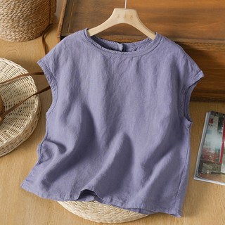 라운드넥 민소매 린넨 블라우스 크롭 여름 조끼 베이직 심플 탑 무지 단색 티셔츠