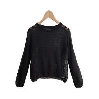 【崔可小姐】透視圓領針織衫 薄網衫 寬鬆罩衫 HE0002, 黑色