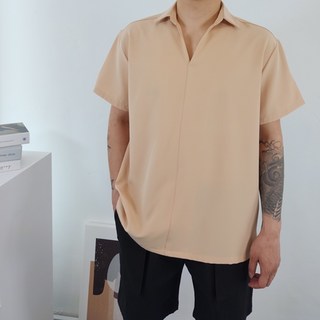 딥스토어 남자 솔리드 오버핏 링클프리 오픈 브이넥 카라 반팔 셔츠