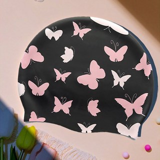 泳帽女ins高顏值女生可愛防水硅膠不勒頭洋氣大頭圍專業彈力遊帽, 黑色蝴蝶（高檔硅膠泳帽）, 1個