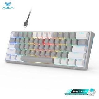 무선 기계식 블루투스 키보드 AULA RGB PC 게임용 핫 스왑 가능 USB 포르투갈어 러시아어 레이아웃 60 퍼센트 미니 컴팩트 F3261, White Grey-Blue S