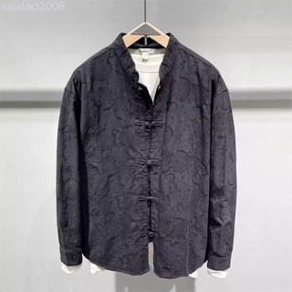 新中式盤扣休閒立領襯衫男春秋大碼150.0kg唐裝復古提花設計感襯衣