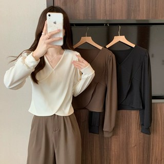 V領打底衫 秋冬內搭 不規則長袖上衣 韓版微卷邊小高領親膚多色打底衫 素面 女裝 打底 內搭 基本款
