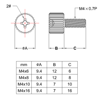 滾花頭螺絲 M4 手擰螺絲 電腦機箱螺絲 滾花螺釘 多尺寸可選, 10個裝, M4手轉螺絲-頭寬9.4, 23cm