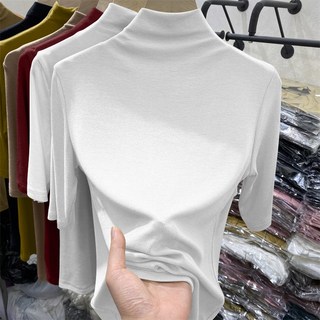 슬림핏 하프 하이 칼라 반팔 여성 티셔츠 이너웨어 베이스 셔츠 탑 트렌디 출퇴근 봄 여름 패션 플러스 사이즈