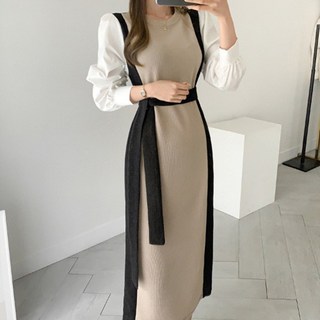 BOONINT 여성 니트 롱원피스 봄 가을 셔츠 긴팔 고급감 패션 간절기 웨이스트 벨트 오피스룩 하객원피스 BN040524