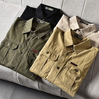 羅小虎 雙口袋軍裝袖子襯衫 男士春秋休閒純棉大碼寬鬆純色工裝襯衫 薄外套 休閒襯衫 韓版襯衫 工作襯衫