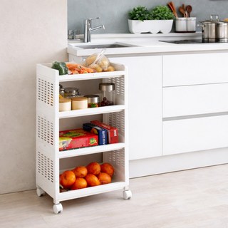 헤이미샤 이동식 트롤리 수납 정리 선반 와이드 4단/5단, 와이드 4단(화이트)