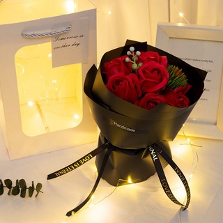 玫瑰花束禮盒 七夕情人節 小香風香皂花 永生花 求婚告白花束, 1個, 七朵手捧大紅 代寫賀卡