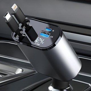 LUMANOKI 동시4대충전 릴타입 차량용 고속충전기, C-TYPE+애플, 혼합색상