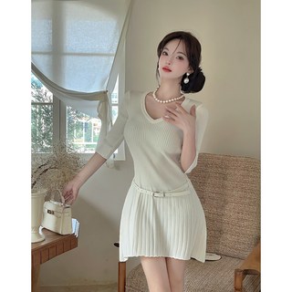 梨卡 女裝 洋裝 短裙 修身A字裙 中袖短裙 腰帶針織洋裝 顯瘦短裙 百褶短裙 - 隔日到貨【現貨24H】, 白色-現貨馬上出貨