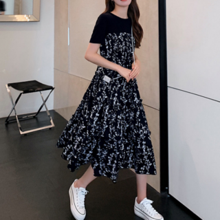 어썸유닛 반팔 롱원피스 플라워 A라인