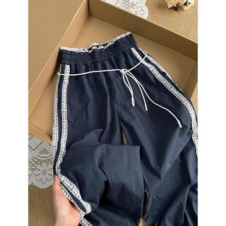 休閒褲，鬆緊腰，寬褲，蕾絲拼接條紋，高腰直筒運動褲