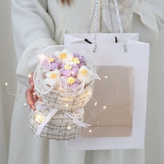 針織花束 母親節花束 畢業花束 小花束 迷你花束 永生花束 編織花束 畢業 花束 康乃馨花束 敎師節禮物, 1個, 紫色-泡芙花束 送賀卡禮袋燈