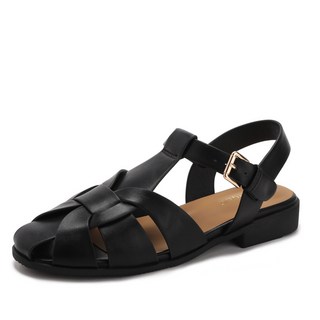 包頭編織豬籠細帶復古涼鞋新款圓頭防滑粗跟一字扣羅馬涼鞋J017-8, 10 cm, 黑色:39