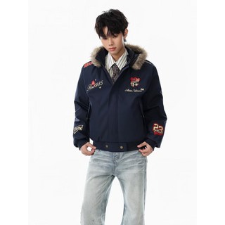 男士藏青色連帽毛領棉衣外套 潮流徽章刺繡夾克風衣 短款保暖運動棉服棉大衣