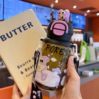 【臺灣出貨】雙飲杯 水壺 吸管水壺 冷水壺 兒童吸管杯 露營水壺 運動水壺 直飲杯 卡通水杯 學生杯子 兒童塑料防摔水壺, 樹莓黑650ml, 1個