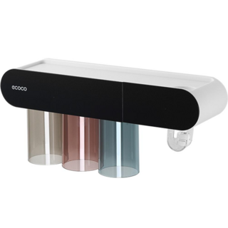 ECOCO意可可磁吸式牙刷置物架 壁掛式漱口杯牙刷架套裝 免打孔牙具收納, 1個, E2123透明四杯磁吸式牙刷置物架-黑色